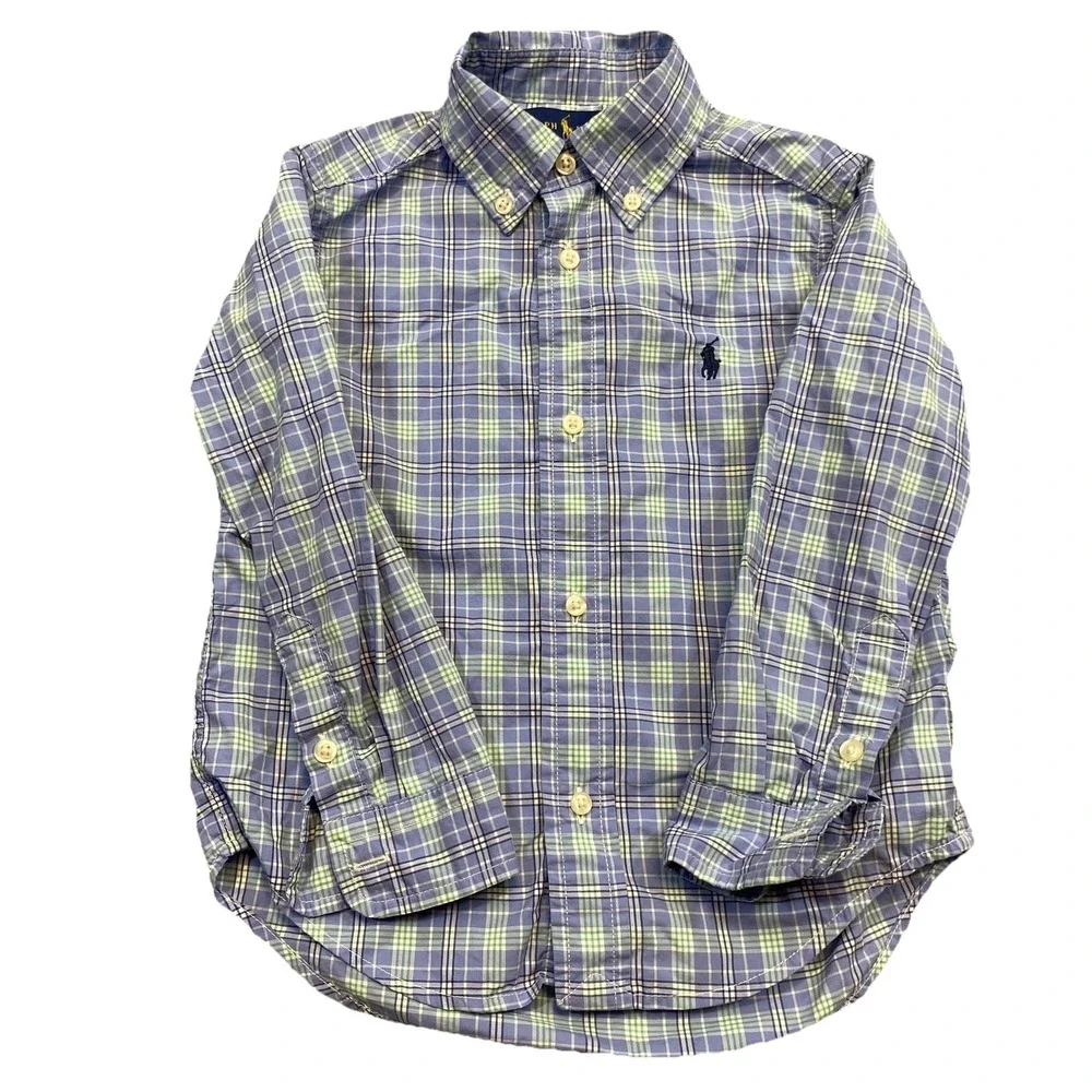 Ralph Lauren Dress Shirt‎ Boys 3T Blue Green Plaid Button Front Long Sleeve